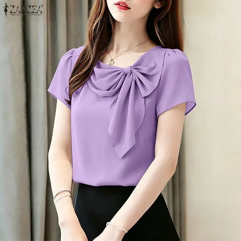 Camicetta Estiva 2026 ZANZEA da Donna, Scollo a O, Maniche Corte, con Fiocchi, Top Elegante Tinta Unita, Camicia da Lavoro OL, Tunica Casual da Donna per Vacanze