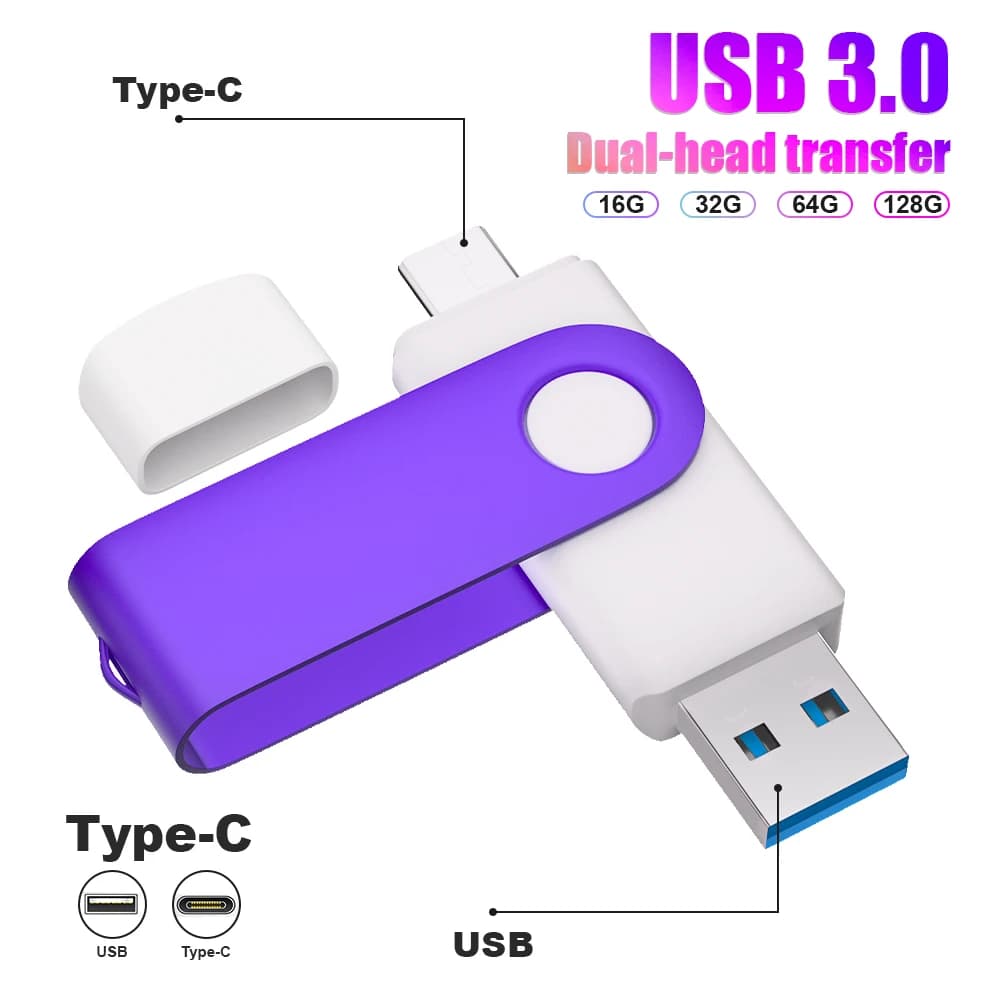 Chiavetta USB 3.0 tipo C USB 3.0 Chiavetta USB ad alta velocità da 128 GB Chiavetta USB-C portachiavi gratuita da 64 GB Chiavetta di memoria USB-C viola Capacità reale