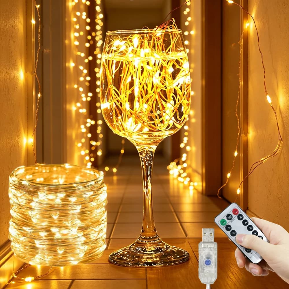 Luci a Stringa LED USB a Filo per Feste, Ghirlande Luminose per Decorazioni Matrimoniali, 8 Modalità con Telecomando per Albero di Natale, Casa, Stanza
