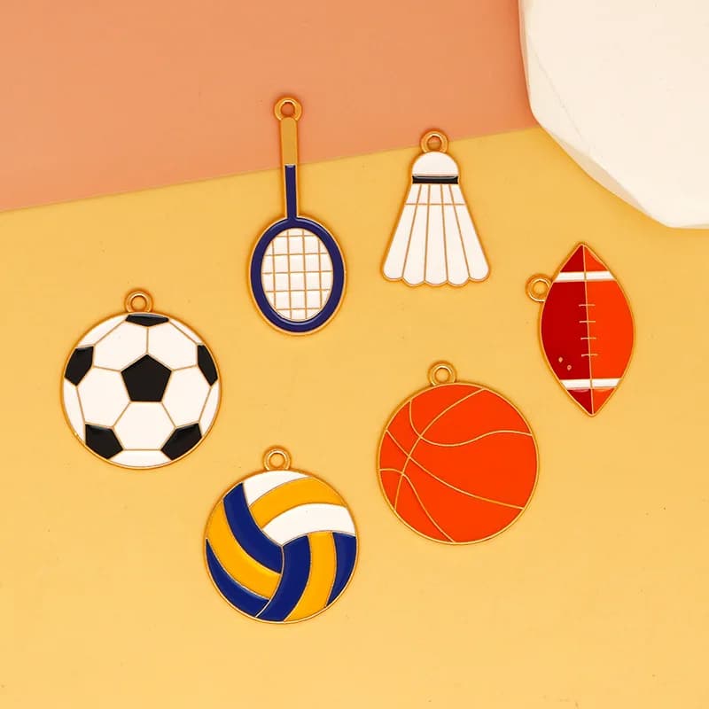 10 pieces Set of sports theme enamelled pendants Badminton Volano Football Volano Basketball Football Pendants DIY accessory