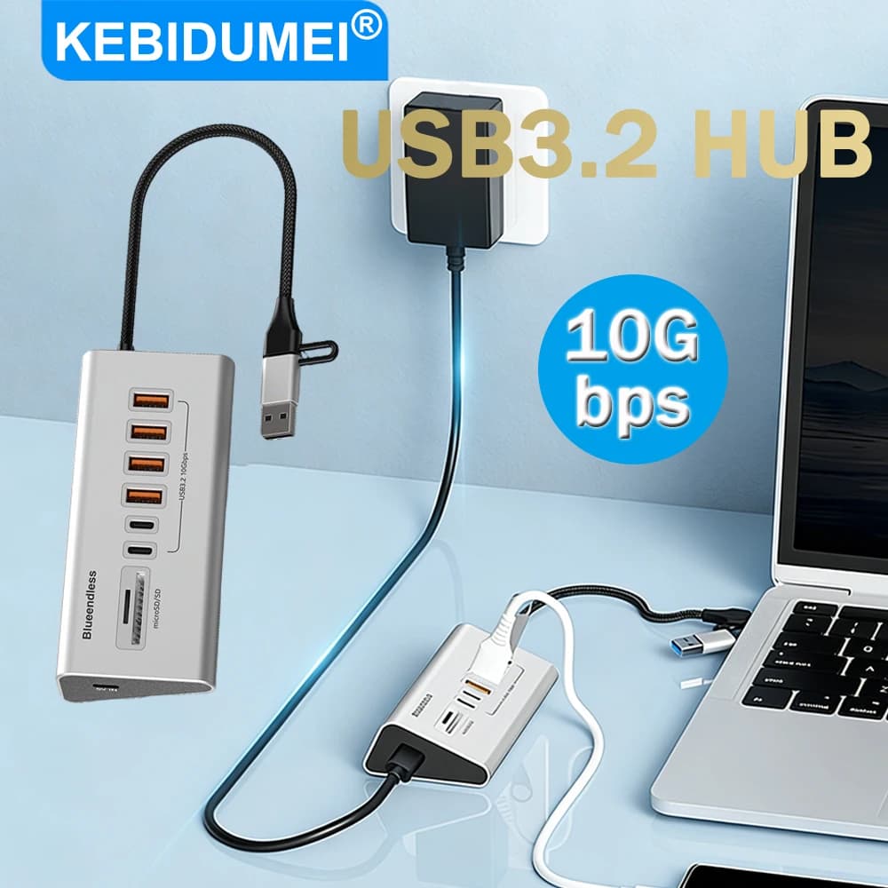 Hub USB 3.2 Multi-in-1, Docking Station con Trasferimento Dati 10Gbps, Adattatore Splitter Type-C con Lettore di Schede, Accessori per Computer PC