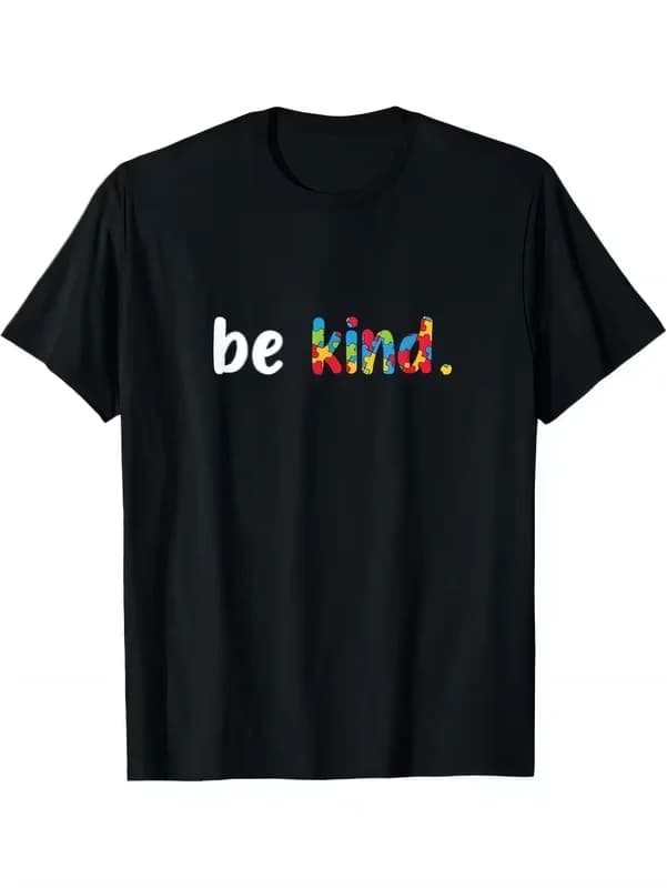 Be Kind Colorful Confetti Print Short Sleeve Black T-shirt, Casual Crew Neck Graphic Tee for Women, Uplifting Message Summer Top