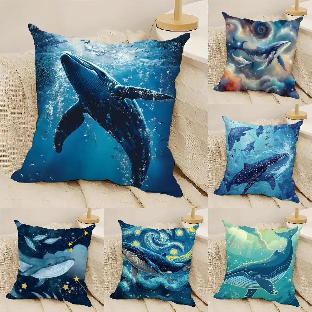 Whale Ocean Galaxy Starry Cushion Cover Natural Linen Organic Fabric Double-Sided Printing Sofa Home Decor Gift Pillow Cover