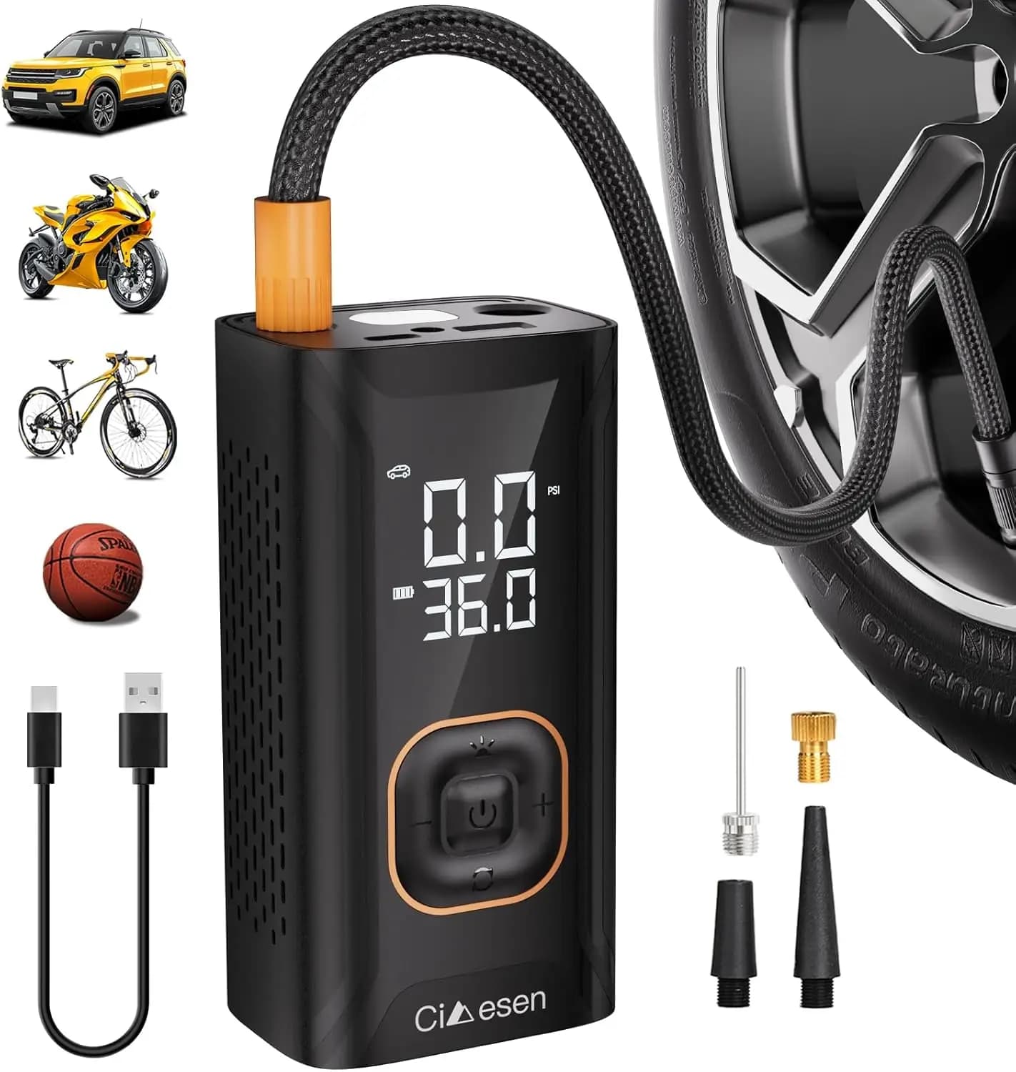 Compressore d'Aria Portatile 150PSI con Manometro, Pompa Senza Fili per Gonfiaggio di Biciclette, Auto, Moto e Palloni