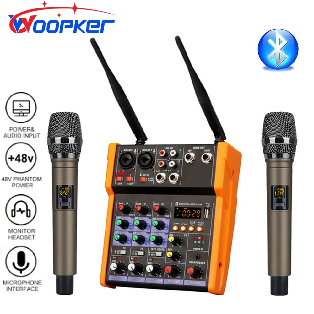 Console Mixer Audio a 4 canali Woopker con microfono Wireless Mixer Audio ingresso USB Bluetooth Mixer DJ