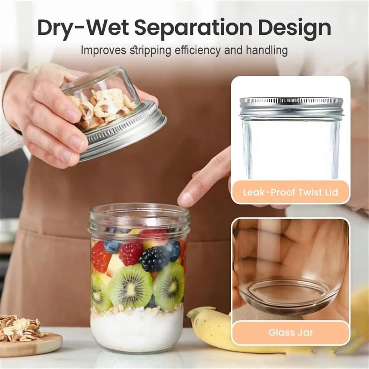 Contenitori BAAE per Overnight Oats con Coperchi, Contenitori in Vetro a Doppio Strato per Separazione Cibo Secco e Umido, per Overnight Oats, Insalata