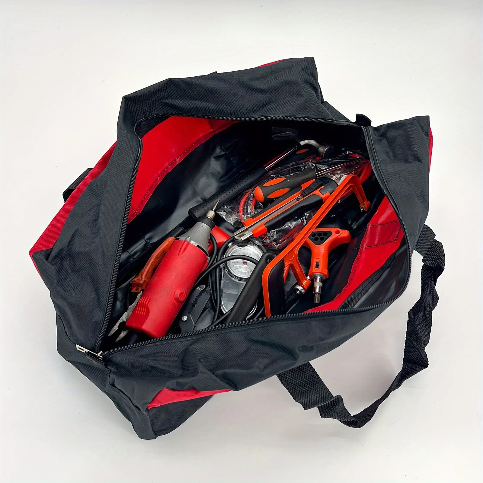 Una borsa portaoggetti multifunzionale, borsa per attrezzi hardware portatile per casa da cantiere in tessuto Oxford da 19 pollici, multifunzionale a bocca larga