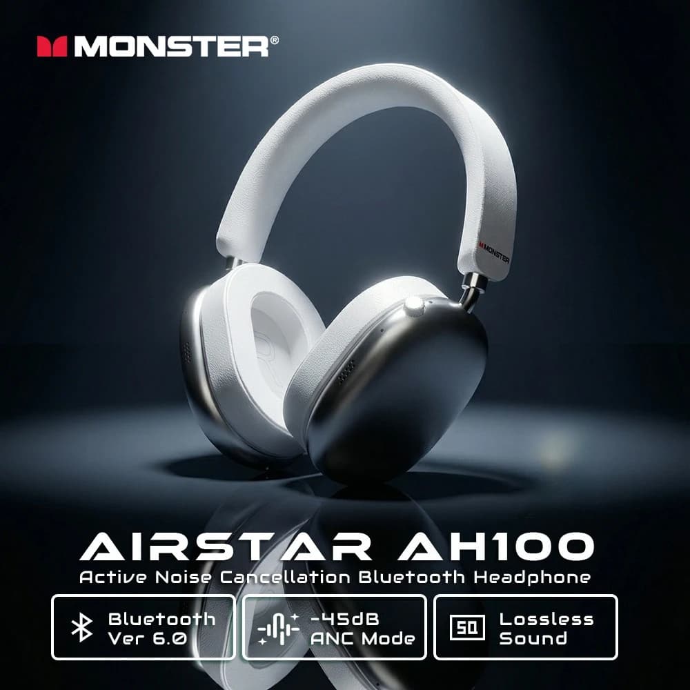 Cuffie Over-Ear Wireless Bluetooth 6.0 Monster AH100 con Cancellazione Attiva del Rumore (ANC) da 45dB e Bassi Profondi