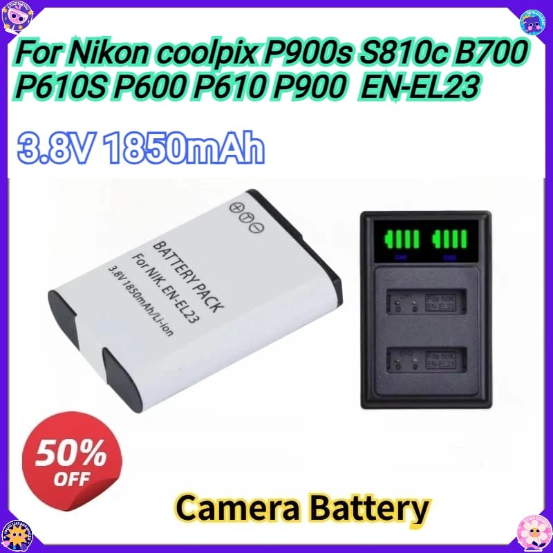 New camera spare battery EN EL23 EN-EL23 3.8V 1850mAh with charger for Nikon Coolpix P900s S810c B700 P610s P600 P610 P900