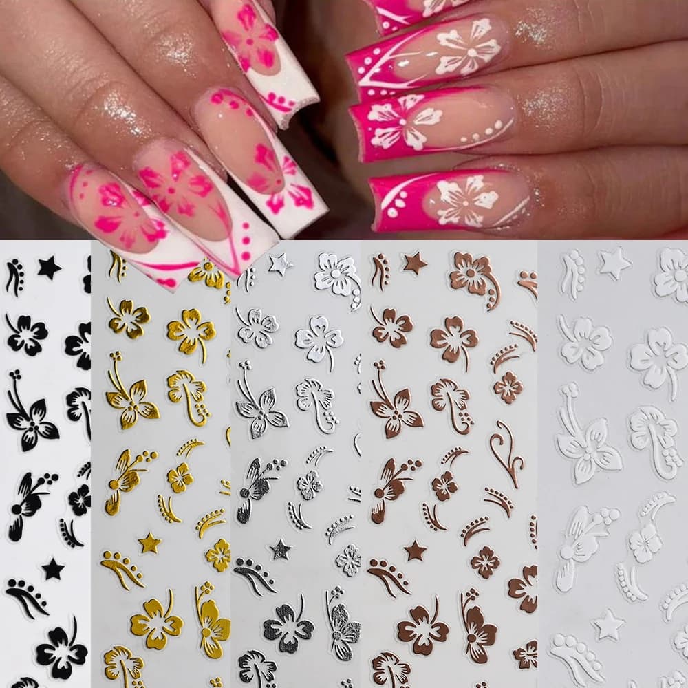 1Pc Fiore di ibisco 3D Adesivo per unghie Bianco Nero Petalo Foglia Decalcomanie adesive Argento Oro Floreale Cursore fai da te per la decorazione di nail art