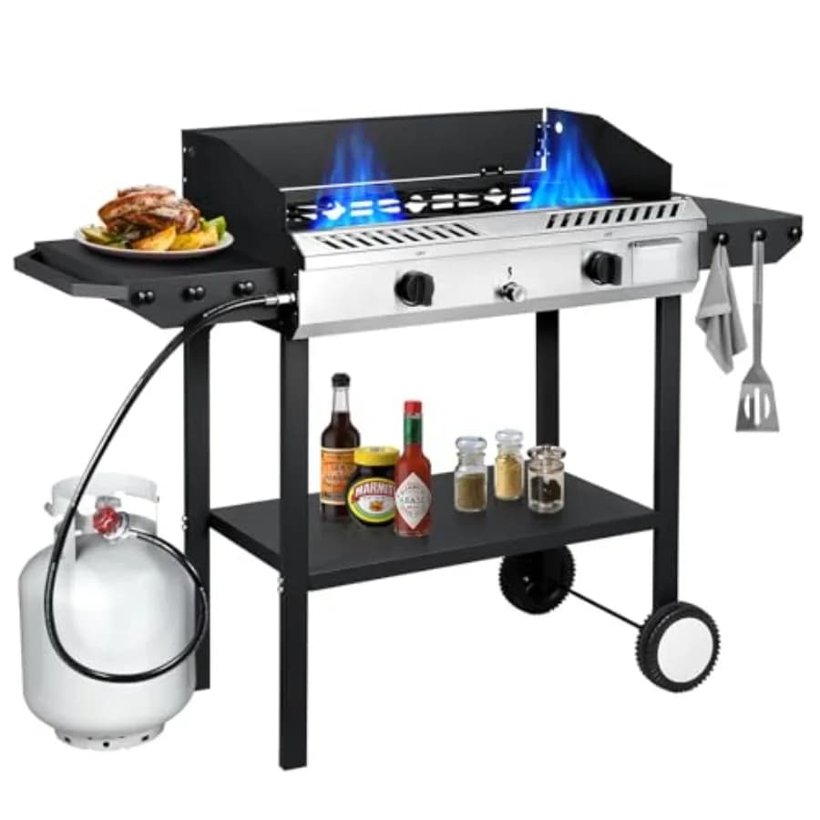 Gas cooker from Exterior to 2 Cookers with Lateral shelves, Automatic and Regulator ignition, 150,000 BTU, for Kitchen and Camping