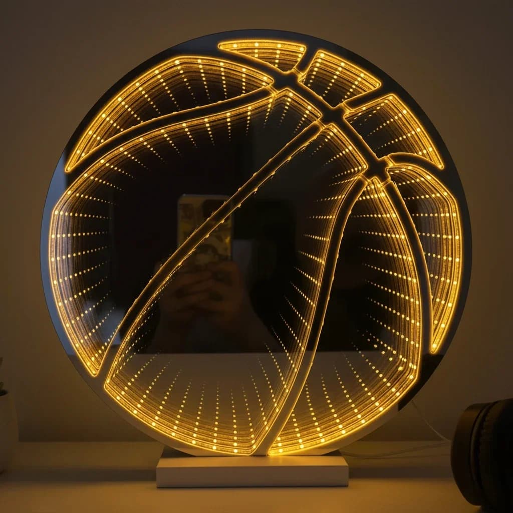 Insegna a specchio 3D InfiniteLED a tema basket per camerette di bambini e ragazzi, decorazione da parete per la casa, regalo per bambini appassionati di basket, decorazione per la stanza dello sport.