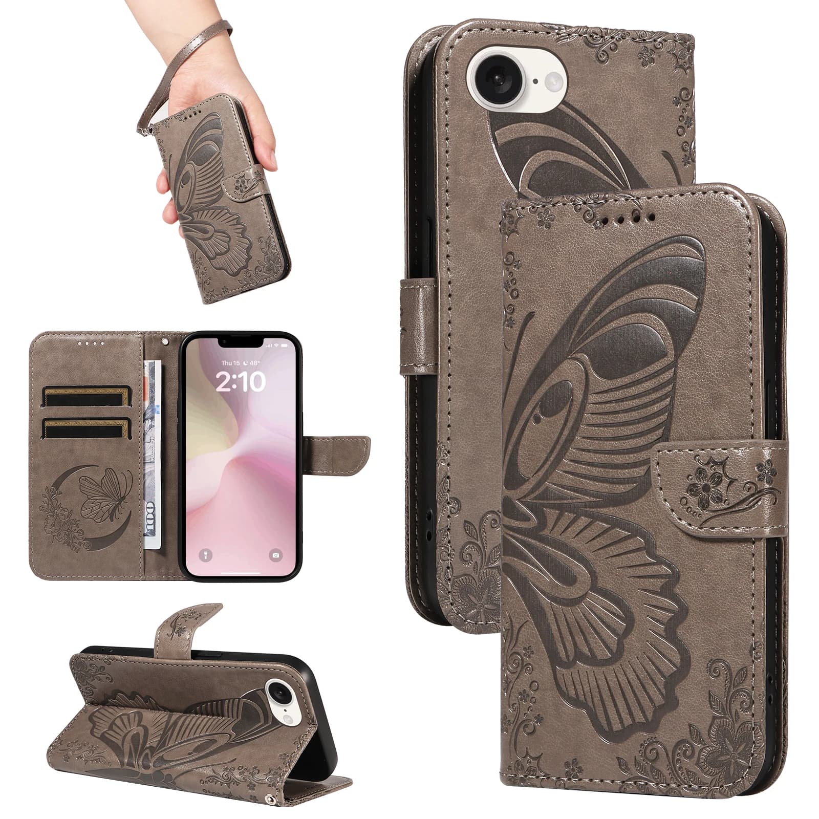 Leather Wallet Flip Case for Apple iPhone 13 14 15 16 16E 17E 17 Pro Max Plus | Butterfly Embossed Design Card Holder