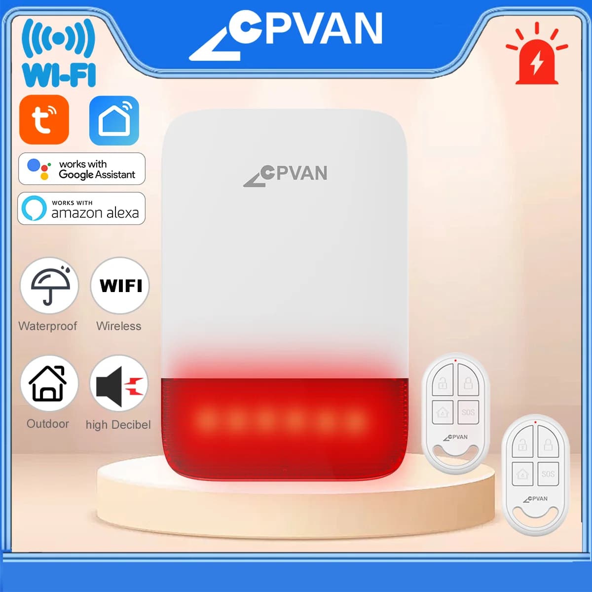 CPVAN Wireless WIFI Tuya Sirena di allarme domestico Alto decibel Impermeabile Batteria incorporata da 5000 mAh Allarme di protezione di sicurezza domestica EU plu