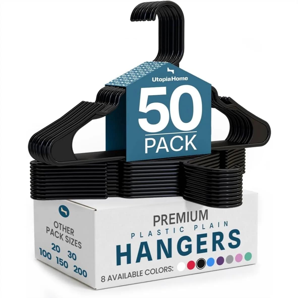 Plastic Hangers 50 Pack for Clothes, Space Saving Closet Organizers, Durable with Strap Hooks for Tanks and Skirts, Black