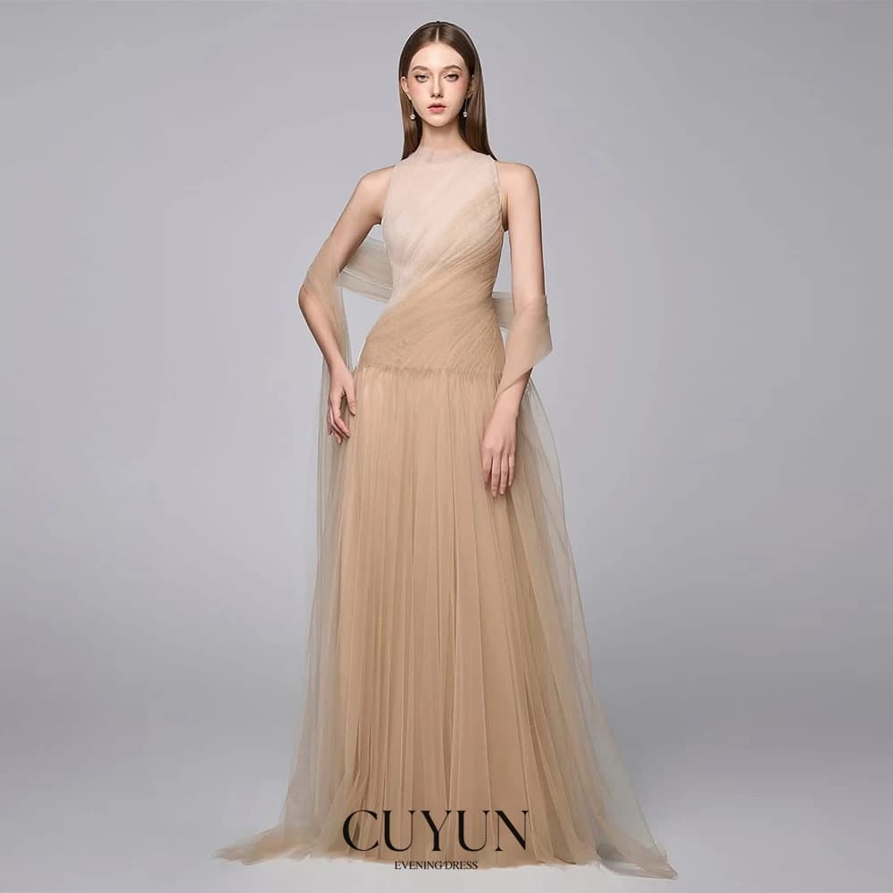 CUYUN Abito da festa elegante O-Collo senza maniche Abiti da sera in tulle Colore a contrasto A Line Abiti da ballo Abito da compleanno personalizzato