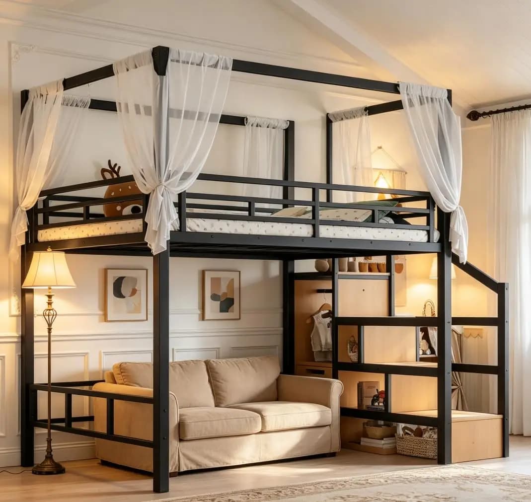Letto a soppalco in metallo nero con scrivania e scale contenitive per adulti
