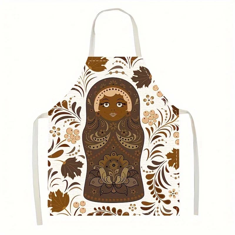 1 pezzo, Grembiule da cucina in lino con stampa artistica folkloristica russa a forma di Matryoshka per cucinare e fare dolci