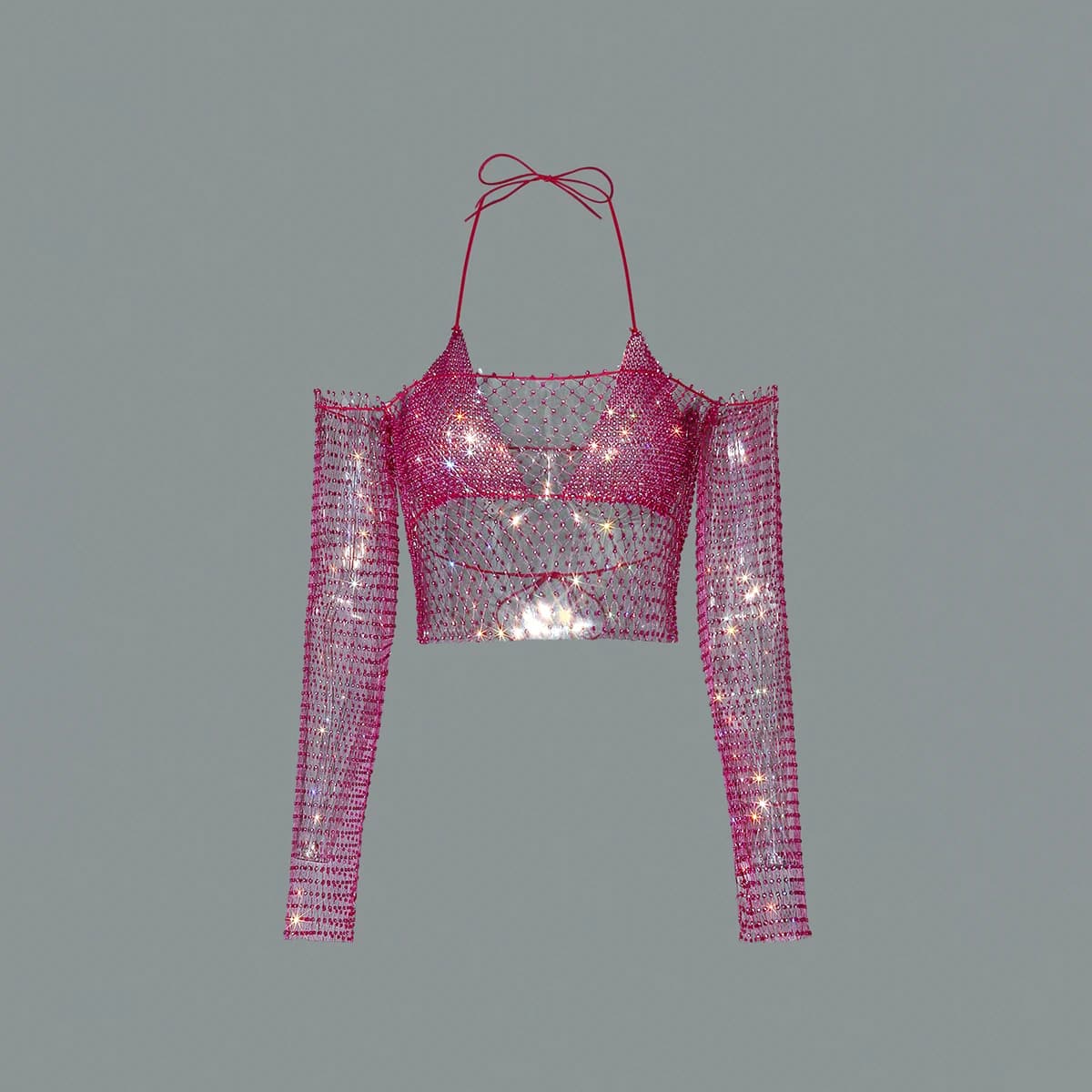 Top a tracolla da donna Set da 2 pezzi reggiseno Sexy con scollo all'americana e strass lucidi See Through Mesh Off spalla T Short Beach Party Crop Top