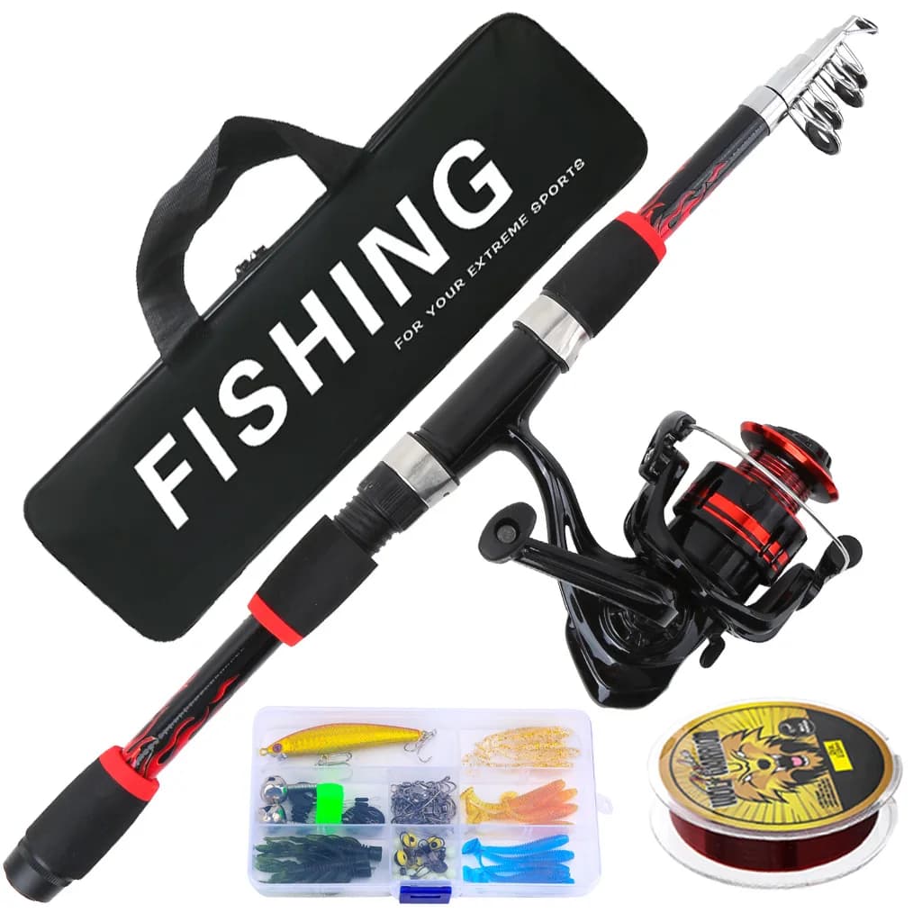 1.8M Fishing Pole Set Full Kits Red Telescopic Fishing Rod Spinning Reel Baits Hooks Travel Soft Bait Hook Fishing Line