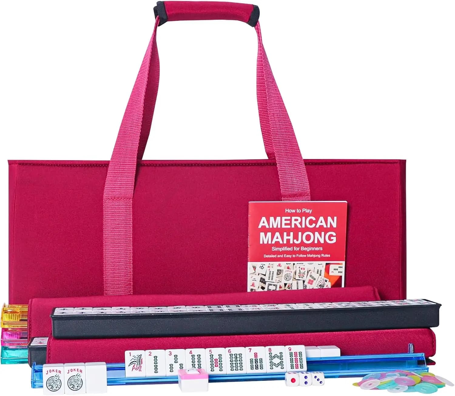 Set Completo di Mahjong Occidentale con 166 Tessere Bianche, Borsa Rossa e 4 Supporti Multifunzione