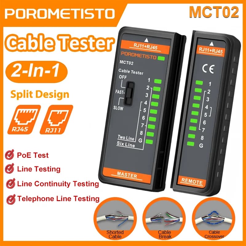 MCT02 Cable Tester RJ11 RJ45 Dual Use Tester LED Display POE Tester Network Cable Tester NC/HDMI Line Continuity Tester Repair Tool