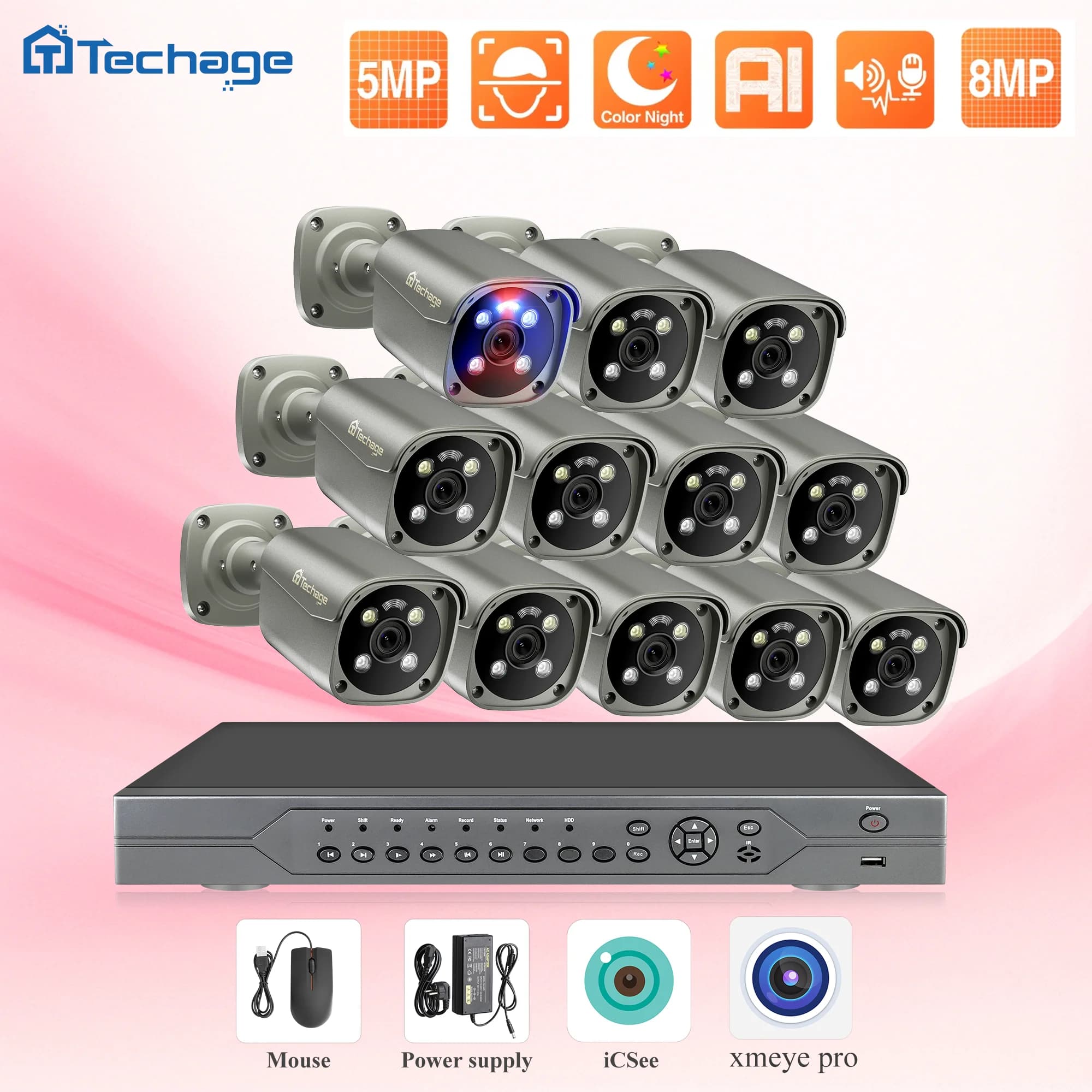 Techage 16CH 8MP 5MP POE Video Surveillance System, H.265 4K CCTV Cameras with Audio Bidirectional, NVR with Facial Recognition, Security Set
