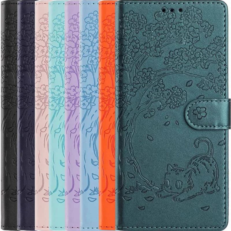Custodia per telefono simpatica per Motorola Moto E13 E14 E15 E20 E22 E22i E30 E32 E32S E40 E7 Plus G9 Play X70 Air, con design Gatti e Albero, Funzione Portafoglio