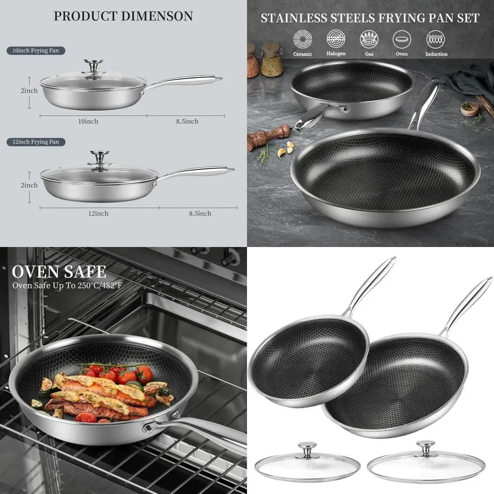 Set of 10 and 12 inch stainless steel honeycomb pans with lid and refreshing handle for induction and gas stoves