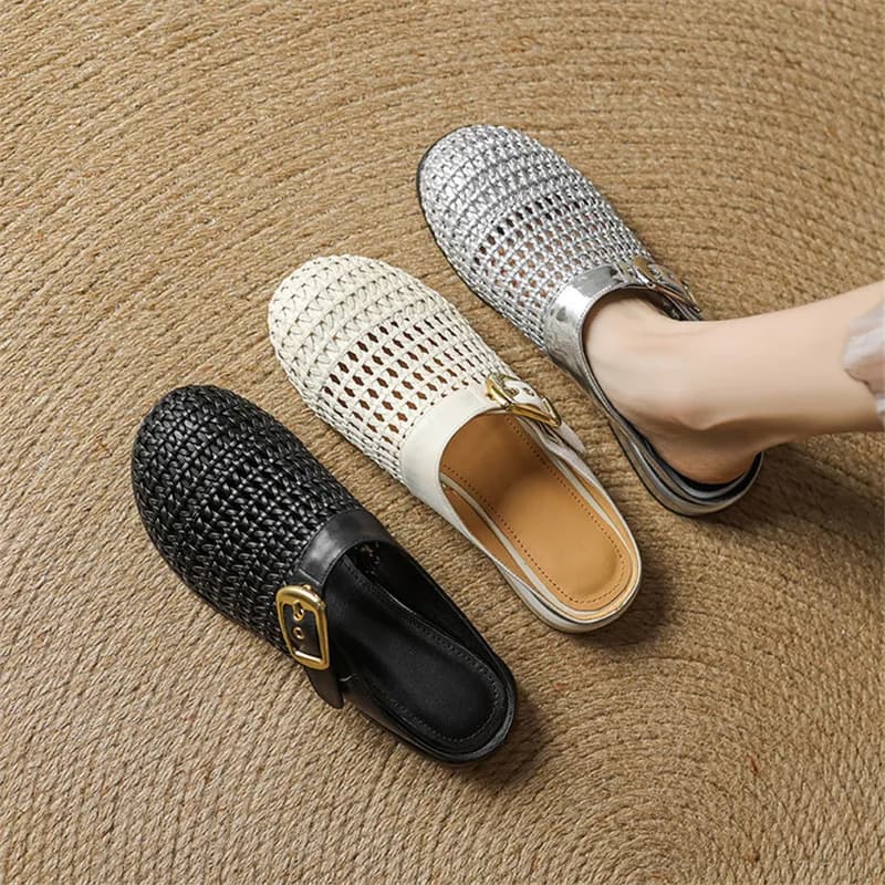 New Summer Slippers Summer Shoes Round Toe Low Heels Sandals for Women Fashion Hollow Out Split Leather Slippers Ladies Shoes