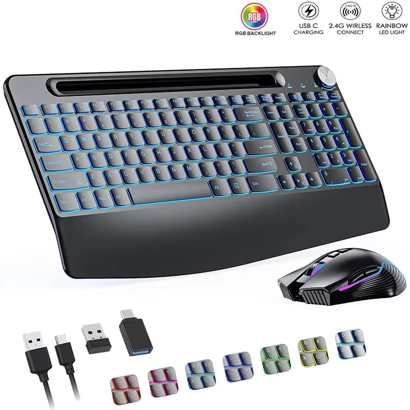 2.4G wireless keyboard and mouse combination and type C type with dust rest, RGB backlight, silent rechargeable set for PC, laptop, window, mouse Jiggler