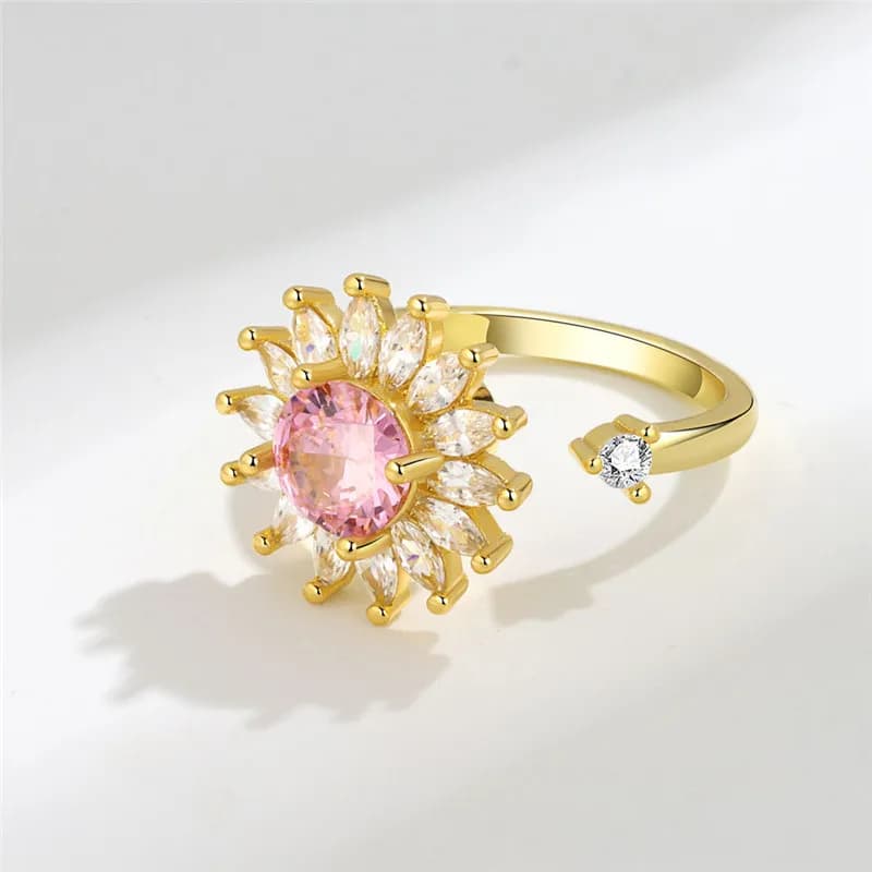 Raffinato Anello Girevole Antistress Girasole in Cristallo Rosa, Gioiello da Donna per Banchetti, Accessorio Rilassante