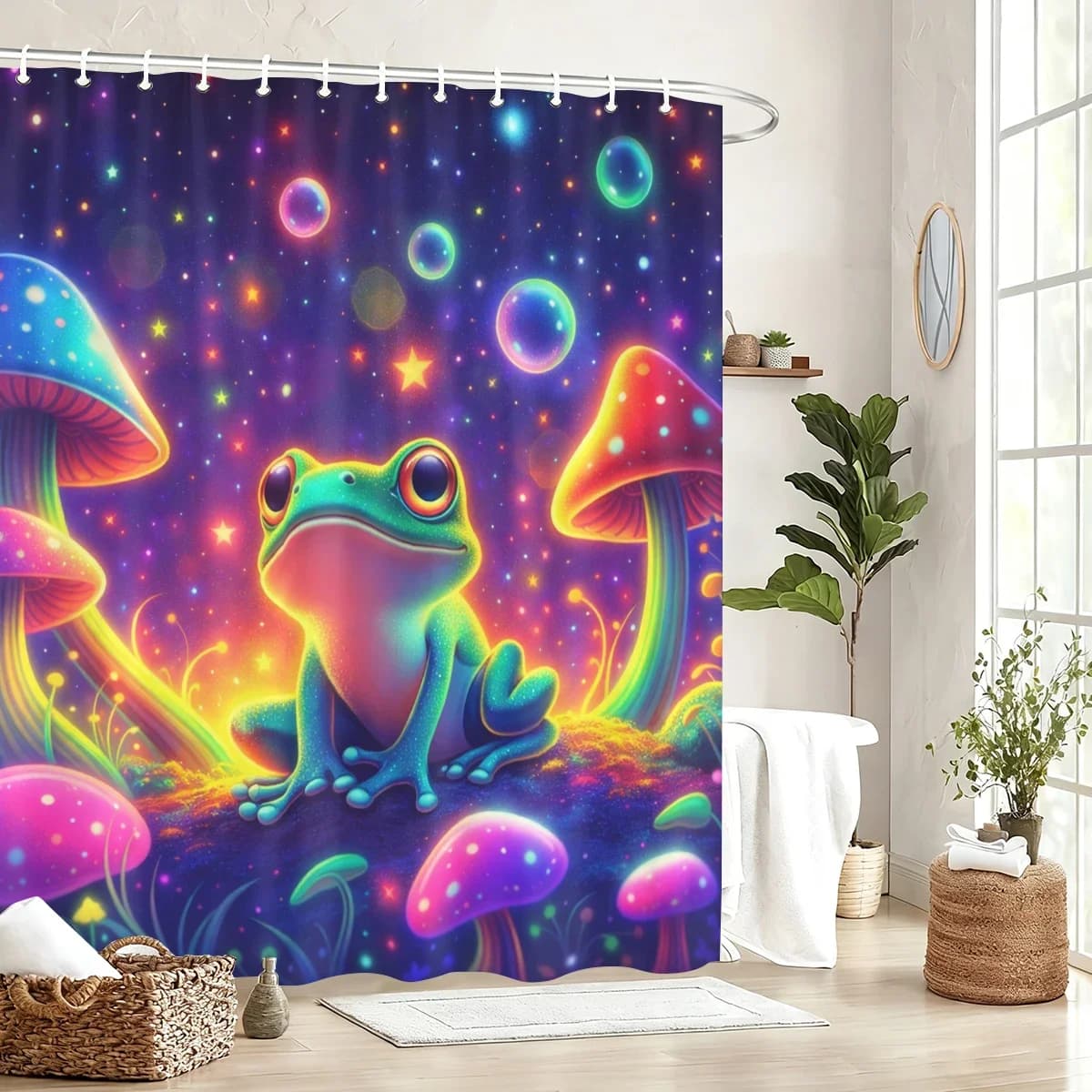 Vibrant Themed Polyester Shower Curtain - Fun Printed Bathroom Curtain, Stylish Bath Decor for Home with 12 hooks