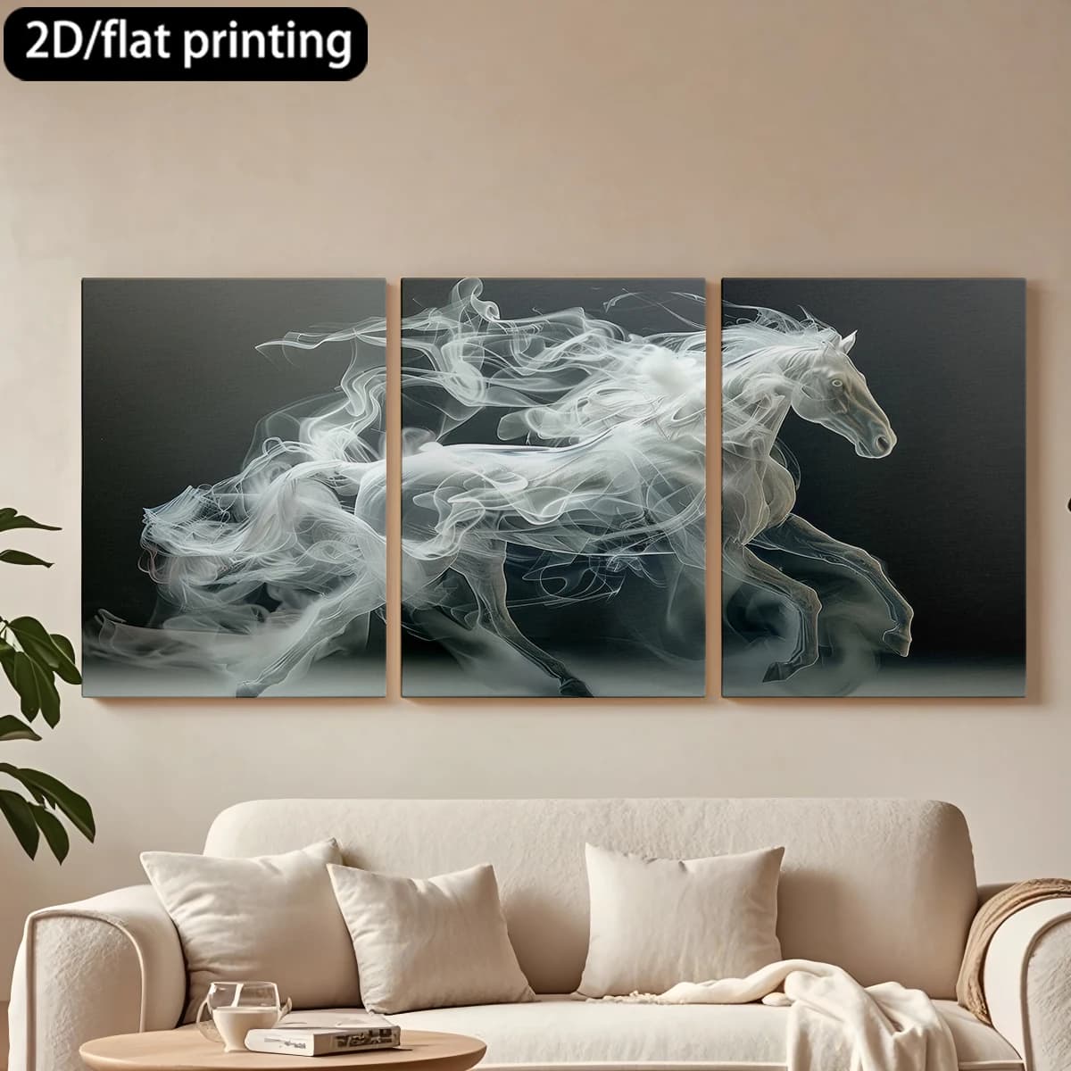 Set of 3 Squares on Canvas with Wooden Frame, Horse Galoping Ethereal Smoke Effect, Decoration for Corridor and Bedroom