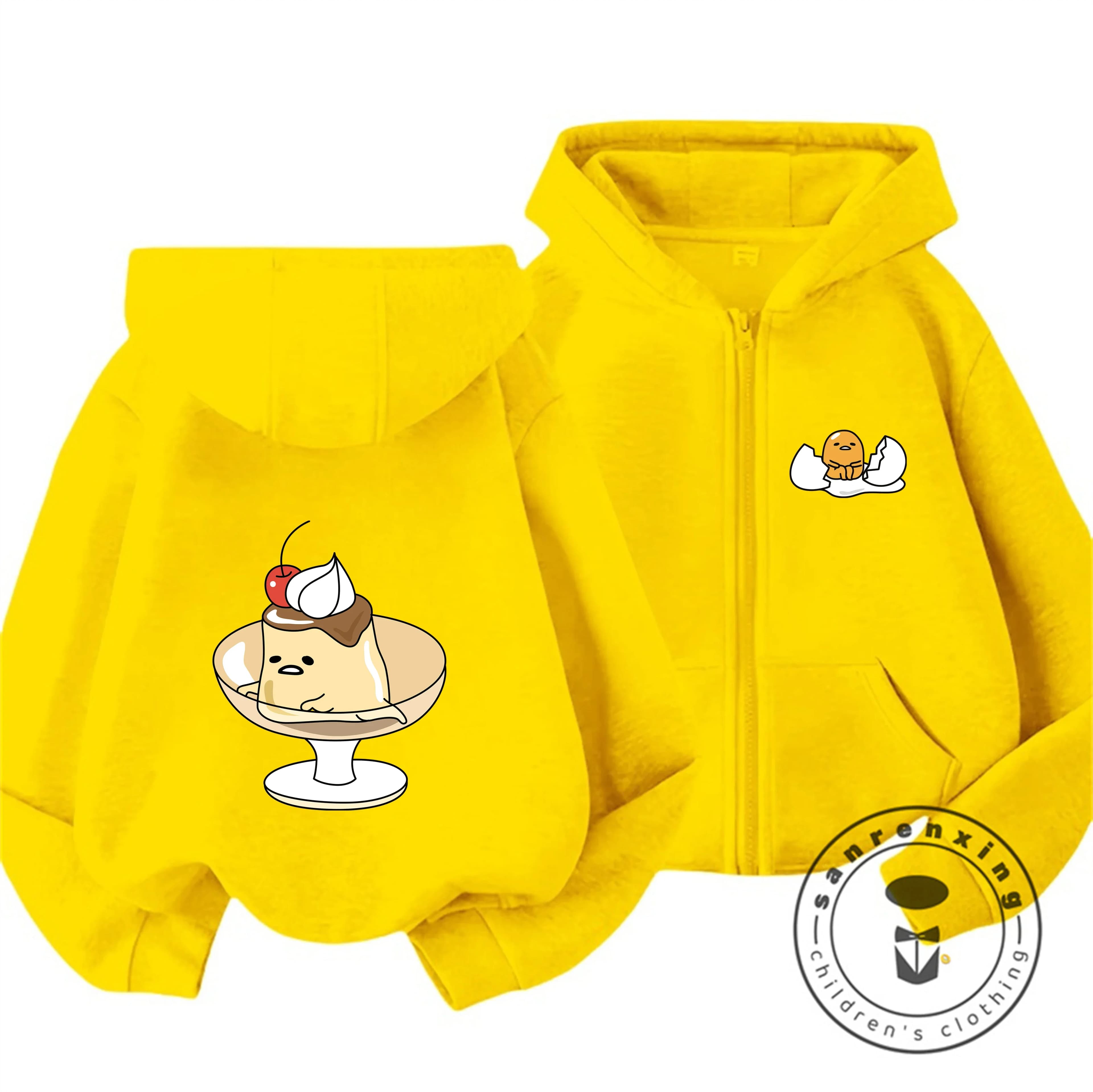 Nuova Felpa con Cappuccio e Zip Gudetama Autunno Inverno per Bambini e Bambine, Carina e Kawaii, Cartone Animato Trendy, Felpa con Cappuccio per Bambini 3-14 Anni