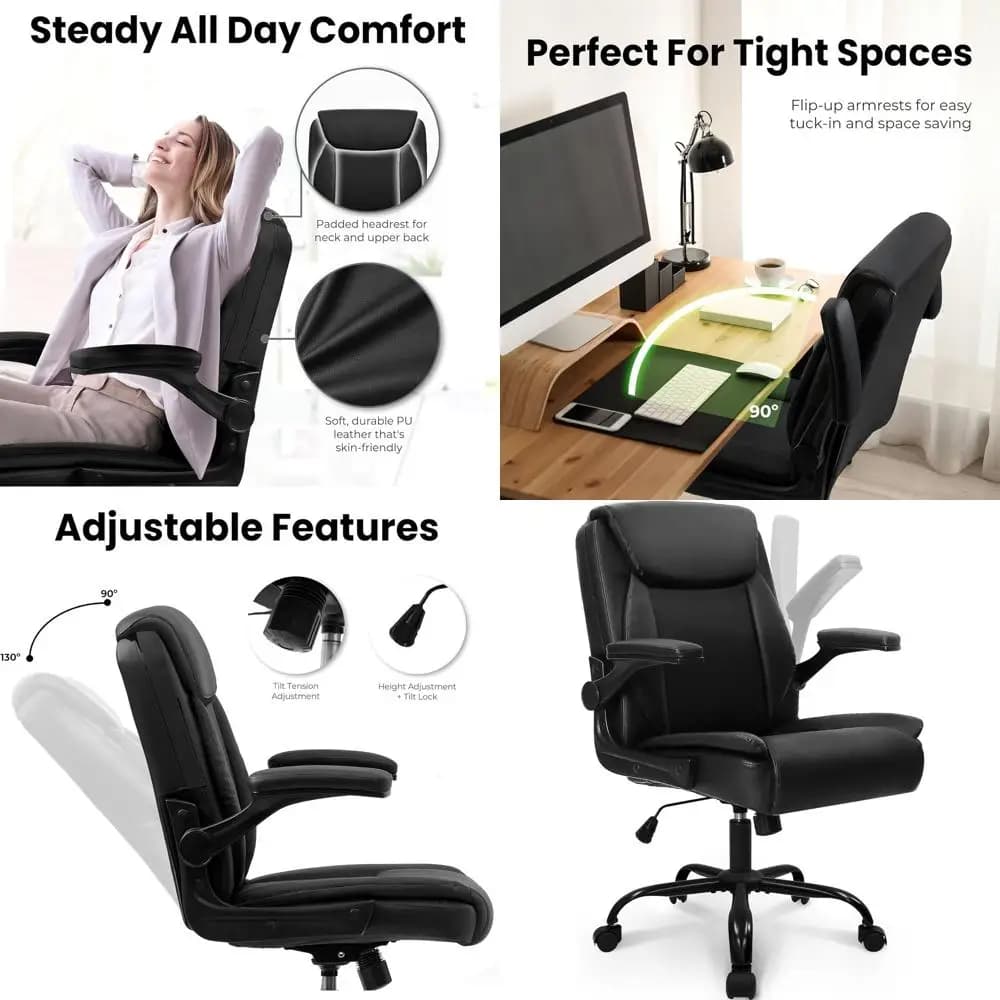 Sedia da Gaming Ergonomica in Pelle con Braccioli Regolabili, Ruote e Funzione Girevole per Ufficio o Studio (Tutto Nero)