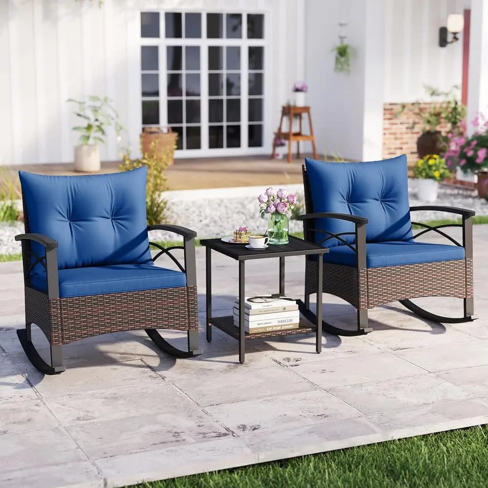 Set of 3 Seats in Dondolo in Vimini, Shower Chair padded by Esterno and Side Table in Acacia Wood, Capacity 400 pounds, Patio Set in Rattan PE