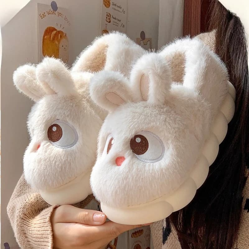 Pantofole in cotone con coniglio simpatico cartone animato per donna Scarpe da casa invernali Calde peluche Suola spessa antiscivolo Scivoli soffici da pavimento per la casa femminile