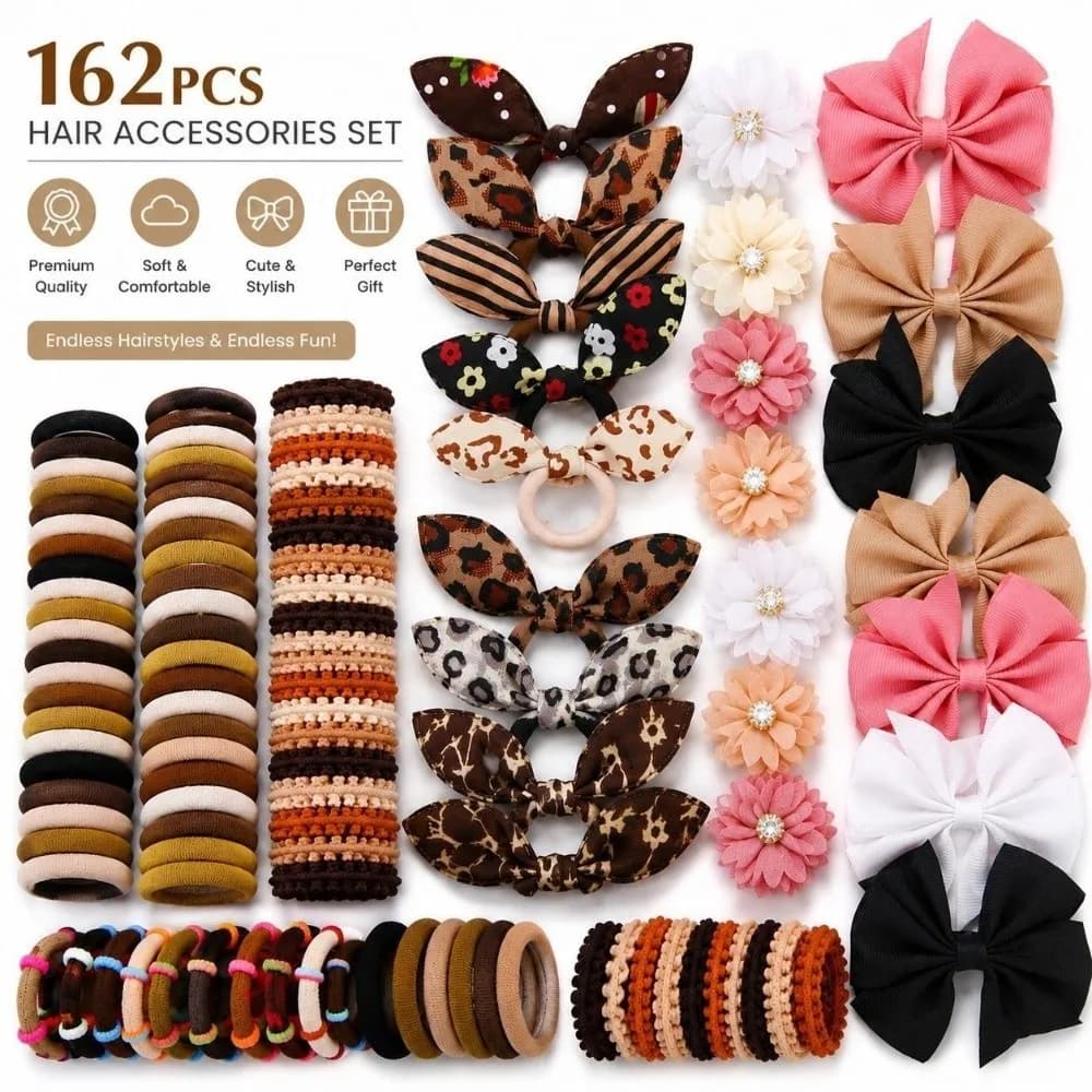 New Elastic Girls Hair Accessories Set Soft Stretchy Floral Bow Hair Bands Flower Clips Daily Wear