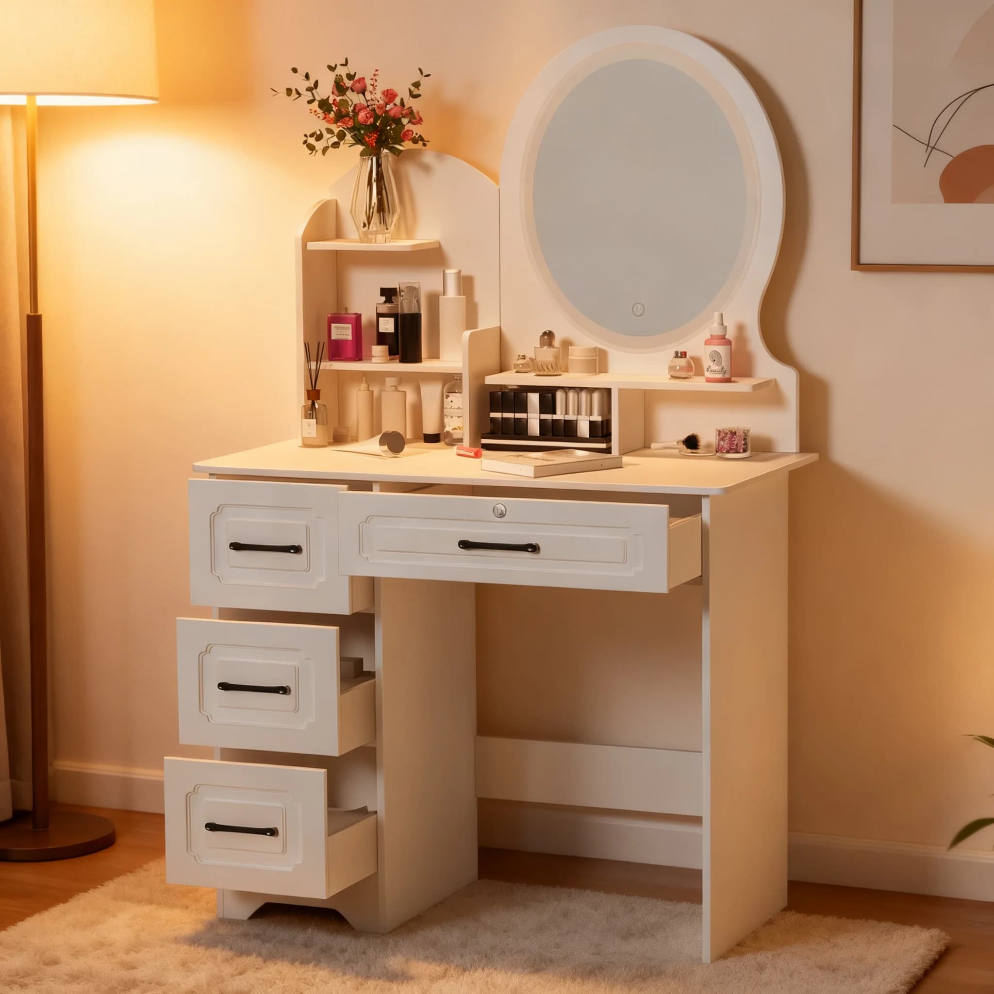 Tavolo da trucco moderno con specchio e luci, ripiani extra, toletta a 4 cassetti, scrivania per cosmetici con organizer
