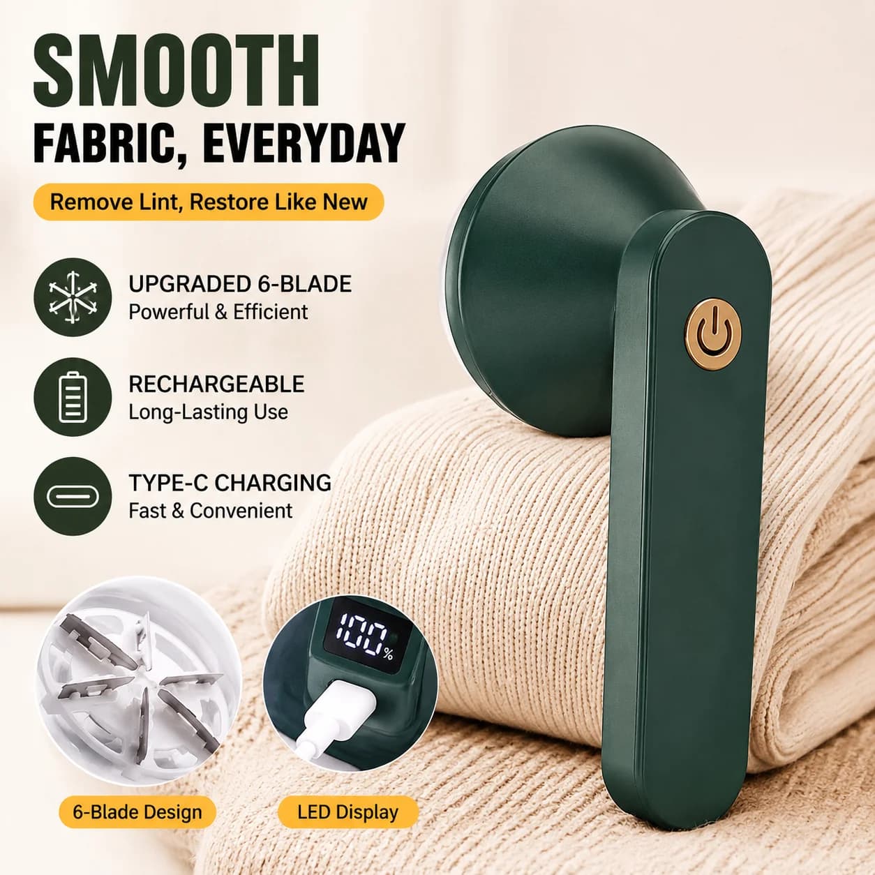 Hair Ball Trimmer Fabric Shaver Lint Remover Upgraded 6 Blade Design Rechargeable with LED Display Type C Charging for Travel