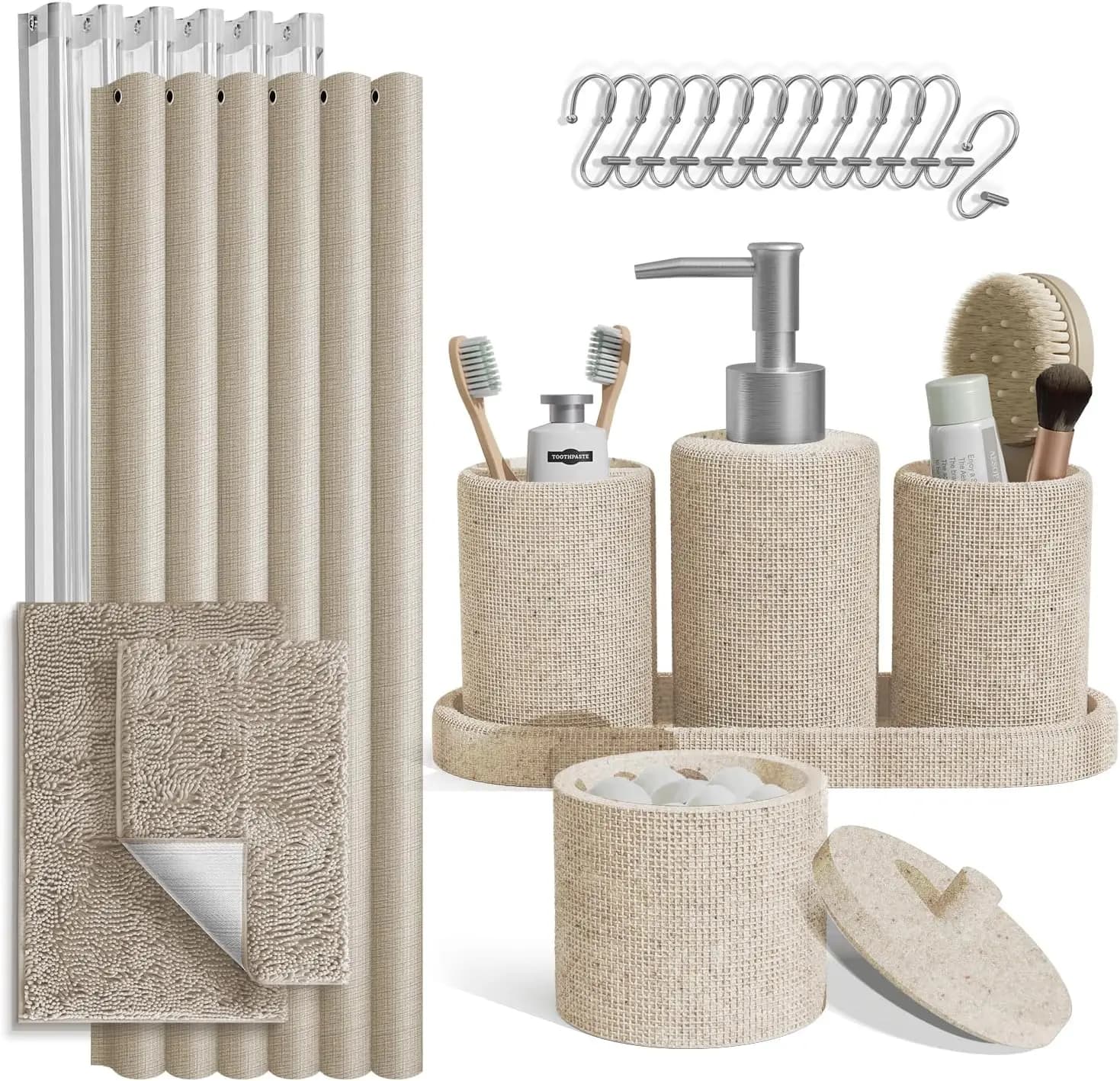 Set da Bagno Beige con Tenda Doccia e Tappetini, Set di 21 Accessori Inclusi Dispenser Sapone e Porta Spazzolino
