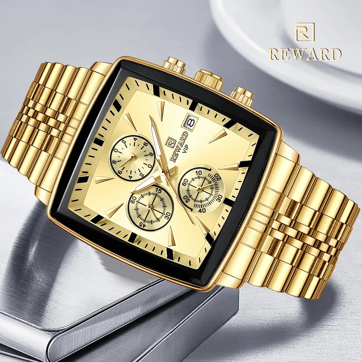 RICOMPENSA Orologi dorati Orologi da uomo rettangolari Orologi da polso al quarzo Orologio da lavoro di lusso Orologio da uomo Lancette luminose