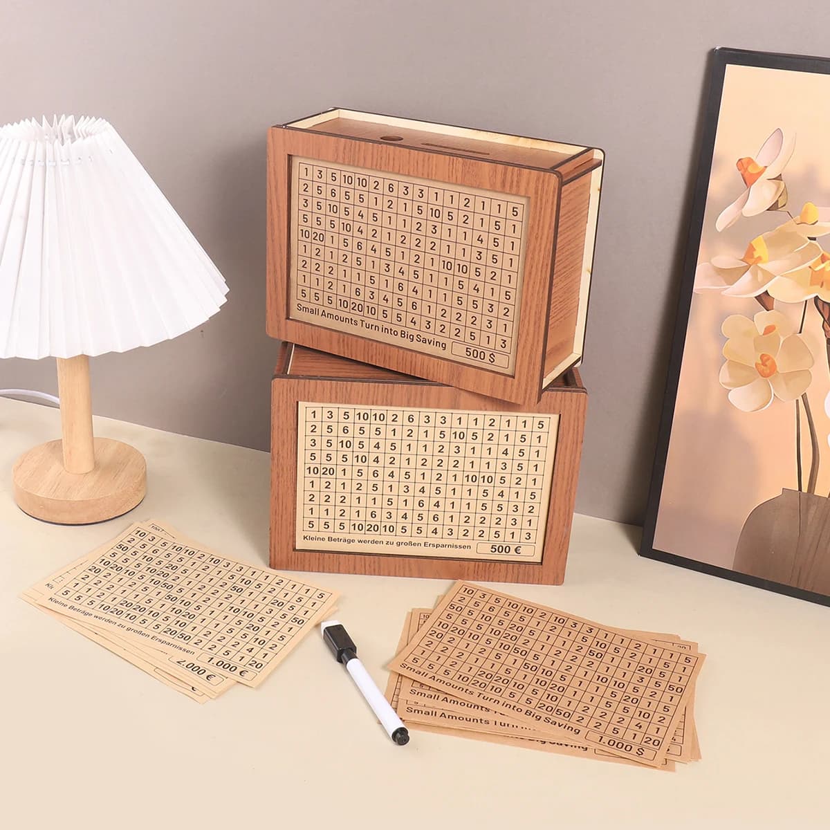 1 Light Brown Wooden Money Box, Cash Storage Box with Replaceable Stickers, Home Table Decoration Fun Money-Saving Organizers