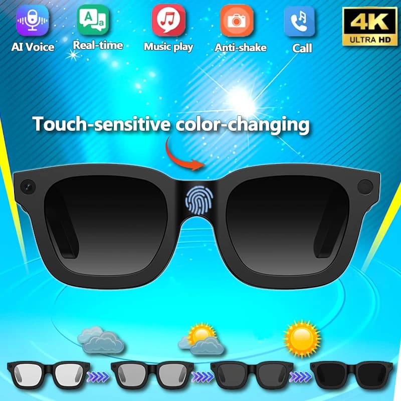 Nuovi Occhiali Intelligenti 2026 con Fotocamera 800W, Registrazione Video, Riconoscimento Foto AI, Risposta e Traduzione, Batteria 320mAh, Musica