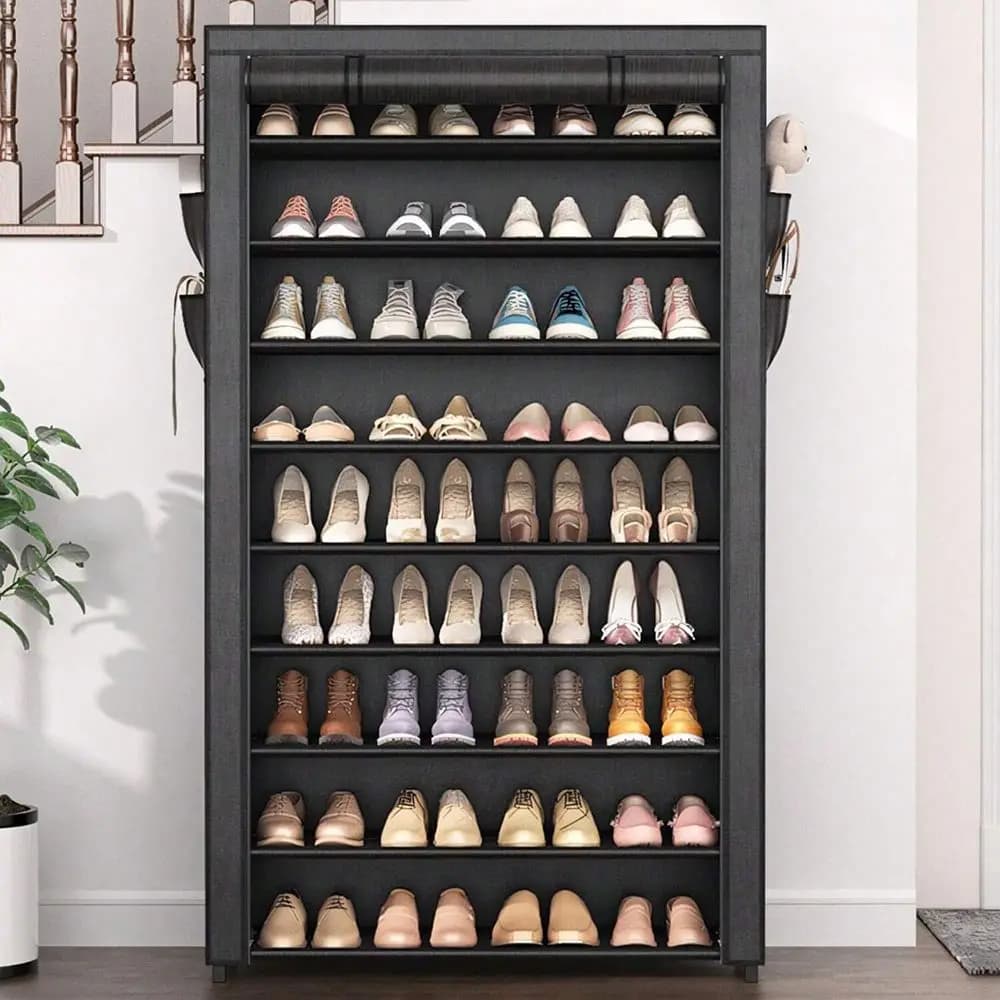 10 Tier Shoe Rack Organizer, Shoe Rack With Covers Black Shoe Rack With Large Pockets For Closet Entryway