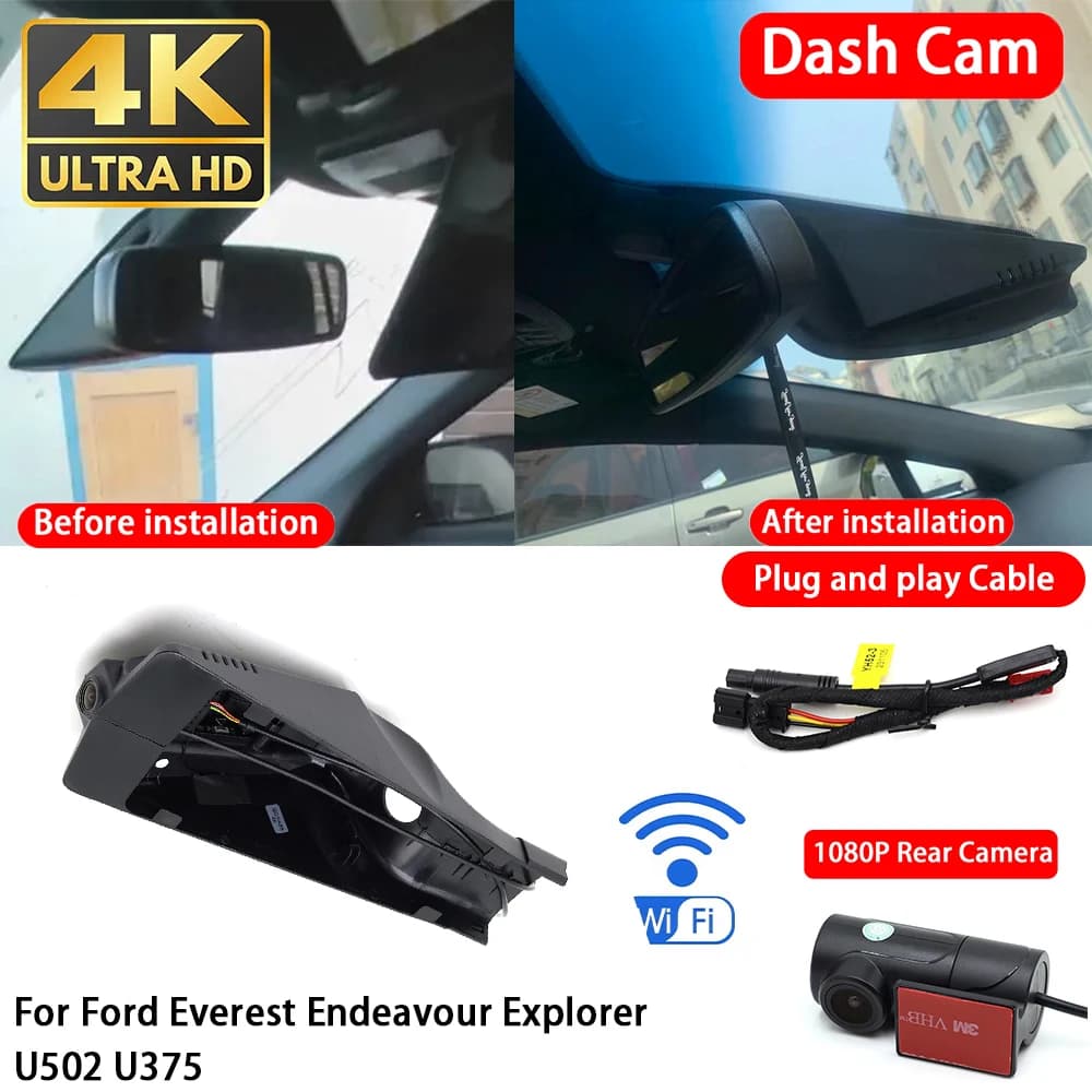 for Ford Everest Endeavour Explorer U502 U375 4K 2160P Dash Cam Front Rear Car Camera DVR Wifi Plug & Play Video Recorder
