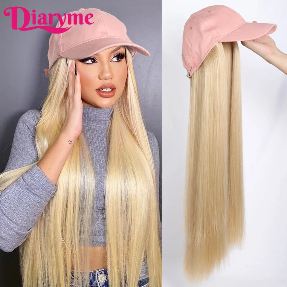 Parrucche sintetiche con cappello Parrucca lunga diritta Estensioni dei capelli Parrucche con cappuccio per le donne Parrucca bionda Parrucche sintetiche di ricambio per capelli per Wome