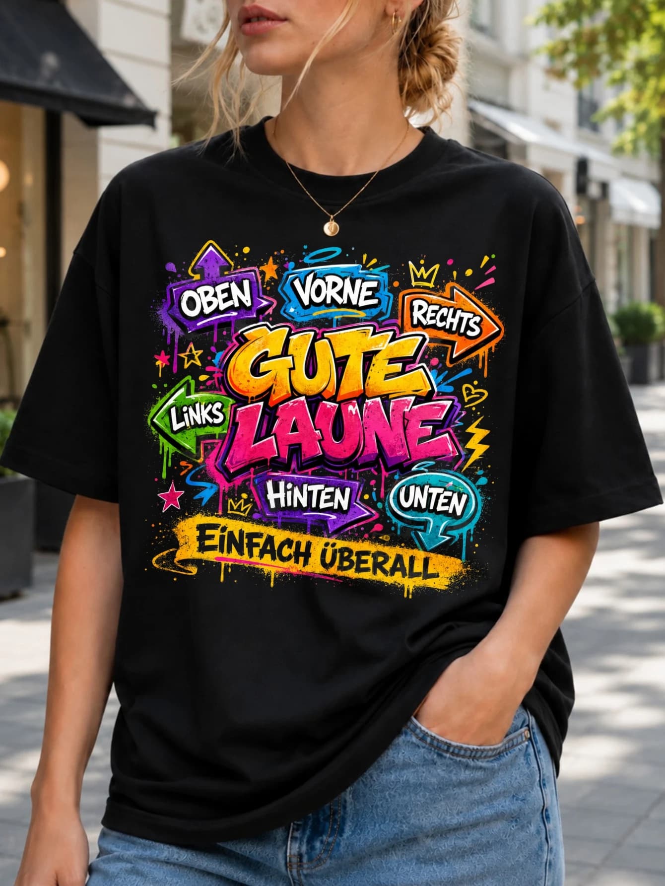 Gute Laune Einfach uberall graffiti arrow layout with neon colors crowns hearts stars and German Unisex All T-Shirt