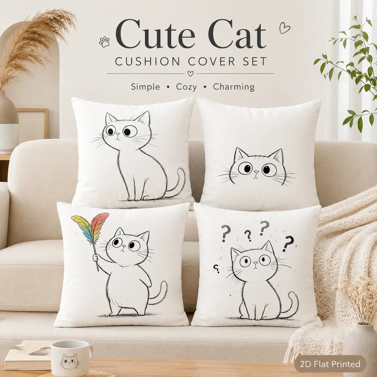 Cozy Room Decor 4 Pcs Cushion Covers 2D Flat Printed Peach Skin Cartoon Cat Coussin For Sofa Bed Home Decoration Pillowcase
